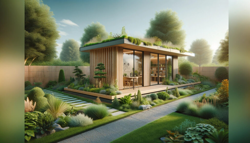 Modern garden shed with green roof.