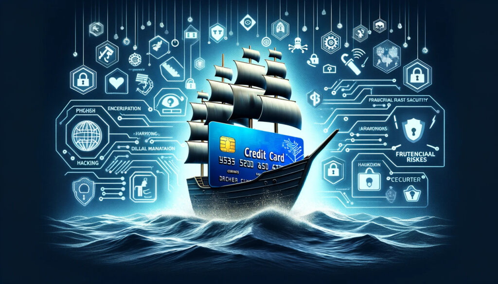 A ship with a credit card floating in the ocean, symbolizing navigating potential risks at sea.